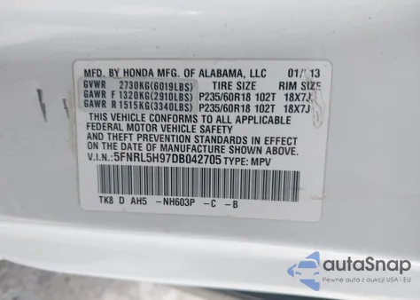 2013 Honda Odyssey Touring/Touring Elite z USA, uszkodzony, nr VIN 5FNRL5H97DB042705